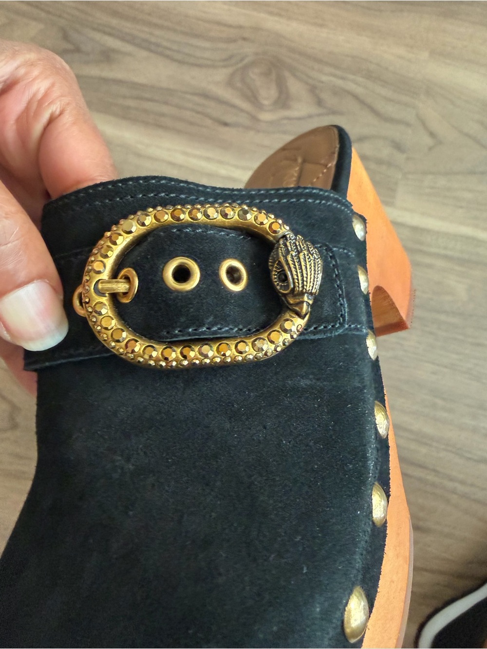 Kurt Geiger Black Suede Slide Mules with Ornate Gold Buckles - Picture 4 of 6